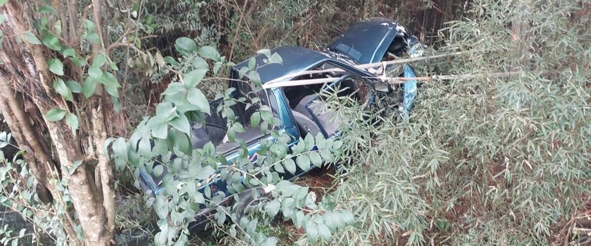 Motorista perde controle de caminhonete, atravessa córrego e bate em árvore em São José dos Pinhais