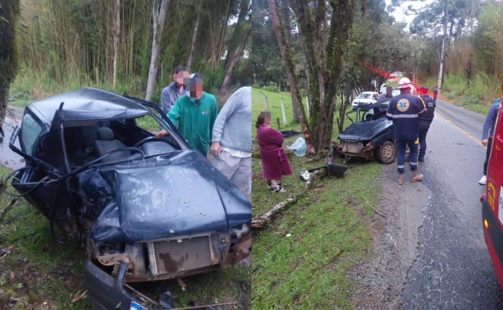 Motorista de 25 anos perde o controle de veículo em pista molhada e colide contra árvore no bairro Costeira